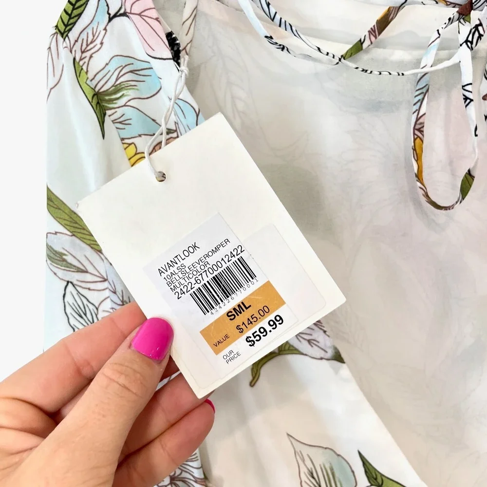 AVANTLOOK Mini Floral Dress Womens Size‎ S White Bell Sleeves V-Back Zip NEW
